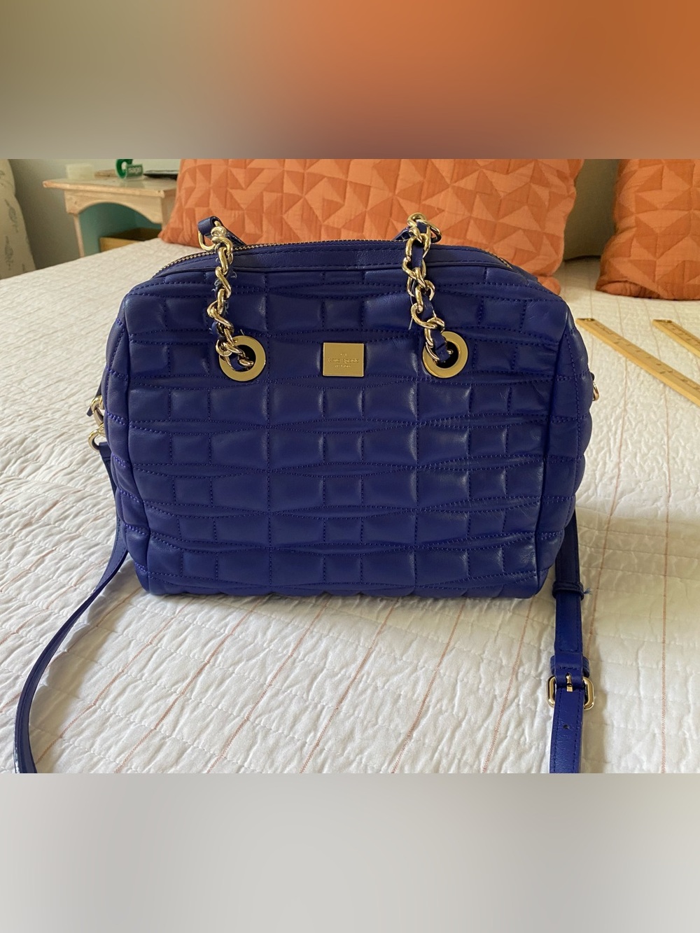 kate spade Quilted Crossbody Satchel in Cobalt Blue with Gold Hardware